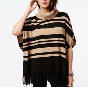 Charter Club Luxury Striped Turtleneck Fringe Sweater Poncho - Black and Tan NWT